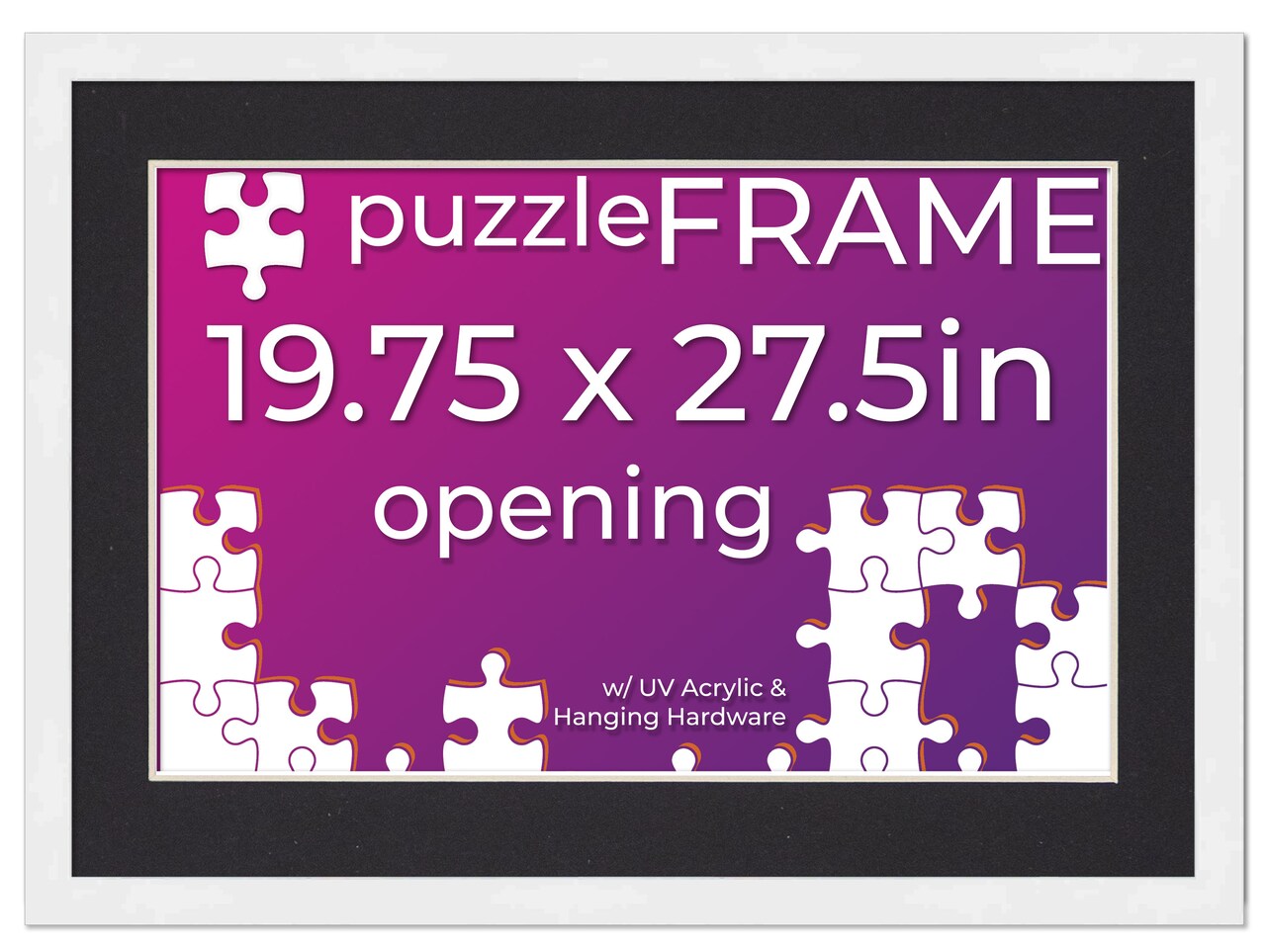 19.75x27.5 Jigsaw Puzzle Frame Kit - Kit Includes Puzzle Glue Sheets, White Wood Puzzle Frame with Black Mat, UV Acrylic, Backing,, Hanging Hardware